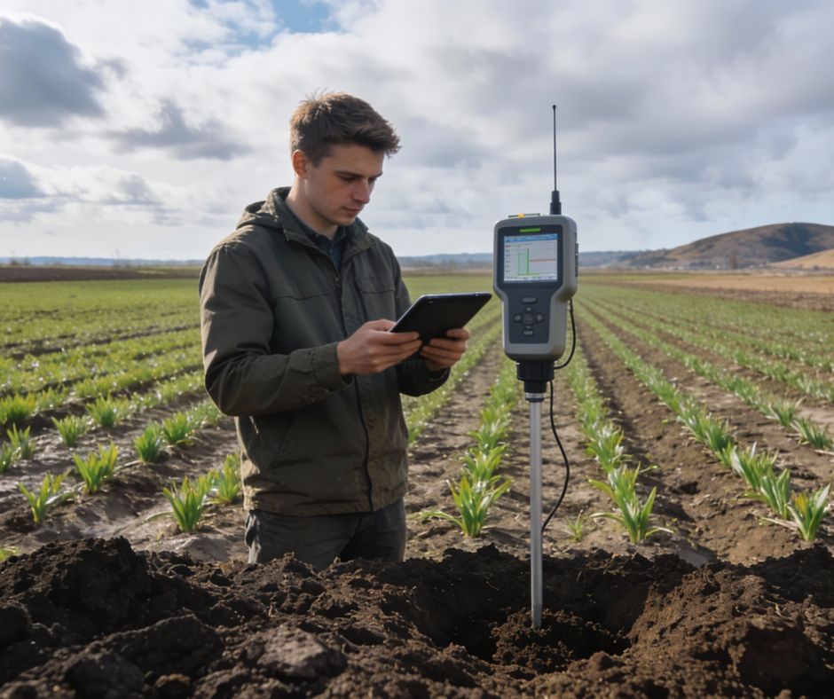 Técnico agrónomo analizando muestras de suelo con sensor digital y tableta en campo abierto, utilizando agricultura de precisión en Lituania para optimizar rendimiento