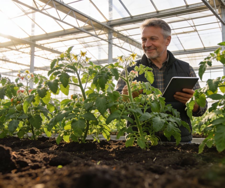 Agricultor joven revisando plantas de tomate saludables en invernadero moderno con suelo vivo y microorganismos beneficiosos, representando biotecnología agrícola en Lituania