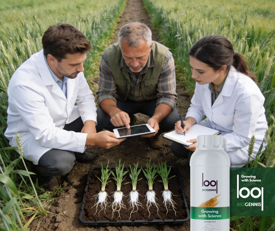 Agrónomos y un agricultor arrodillados en una parcela de ensayo de cereal analizando plantas con raíces blancas sobre una bandeja de suelo oscuro y tomando notas con una tablet