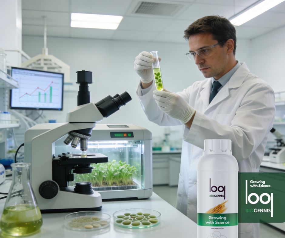 Científico investigador en laboratorio biotecnológico moderno analizando cultivos bacterianos y soluciones biológicas para desarrollar bioestimulantes agrícolas en Lituania