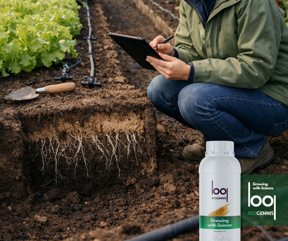 Hortícolas creciendo en camas elevadas con suelo vivo y riego por goteo en un día frío, con técnica agrónoma tomando datos