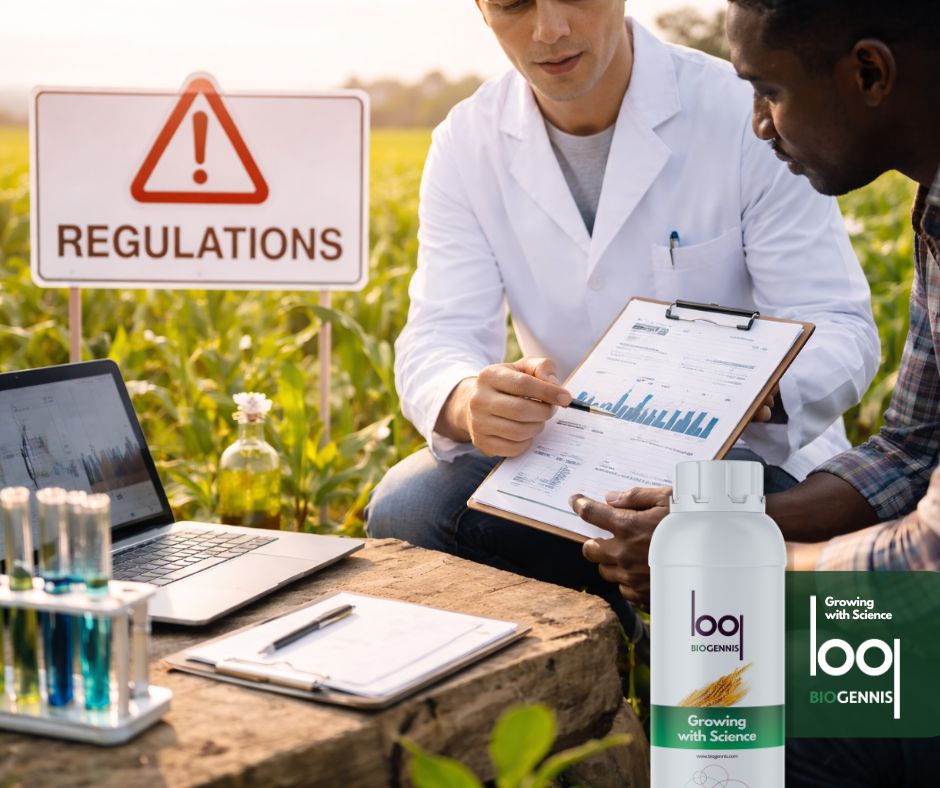 Agricultor analizando cultivos ante la presión regulatoria agrícola en un entorno productivo sostenible