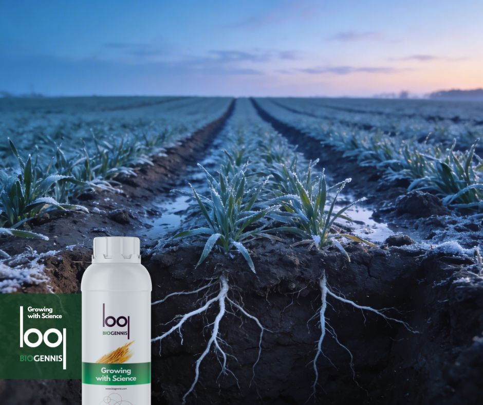 Perfil de suelo estructurado en un campo de cereal en clima frío, con raíces blancas activas y cultivo sano al amanecer