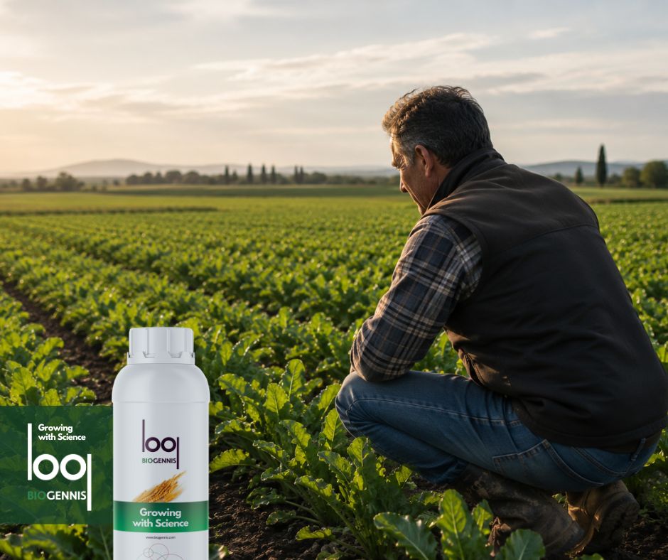 Agricultor revisando un cultivo equilibrado y productivo