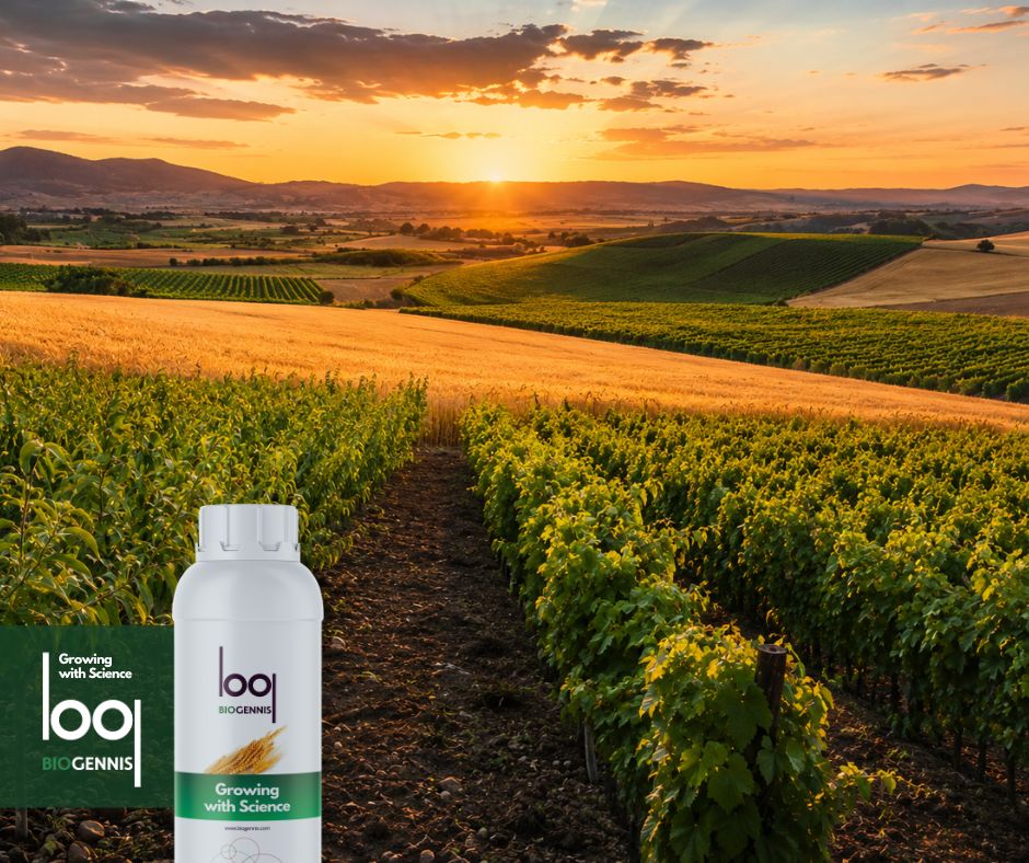 Paisaje agrícola europeo con pistacho, viñedo y cereal mostrando cultivos saludables y productivos