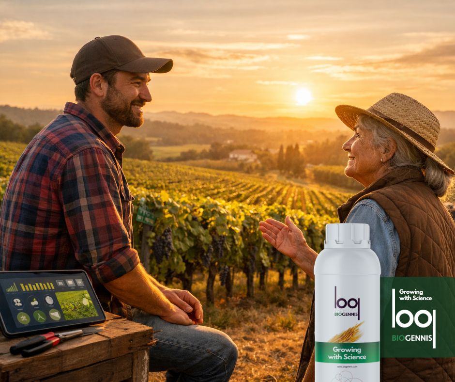 Agricultor joven y agricultora mayor conversando al atardecer en un viñedo, simbolizando el relevo generacional y la sostenibilidad en la agricultura moderna.