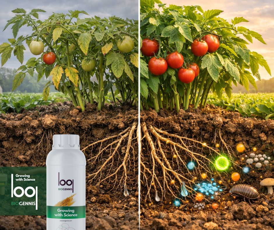 Comparación visual entre cultivo de tomate con fertilización convencional y con bioestimulación, mostrando diferencias en raíces, suelo y vitalidad vegetal bajo distintas condiciones de luz.