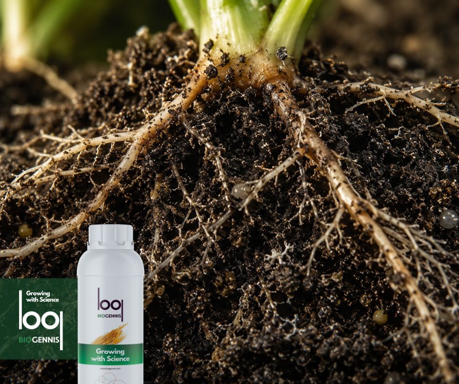 Raíces agrícolas desarrollándose en un suelo fértil con alta actividad biológica y microbiología activa