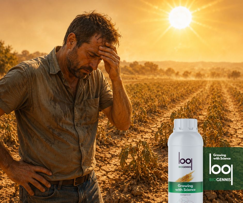 Agricultor preocupado observando un cultivo afectado por una ola de calor y condiciones de sequía extrema