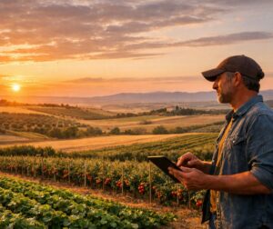 Agricultor analizando el cultivo para tomar decisiones dentro de una estrategia de agricultura inteligente