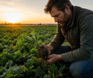 Agricultor revisando el estado de una planta para decidir la aplicación de productos biológicos en el cultivo