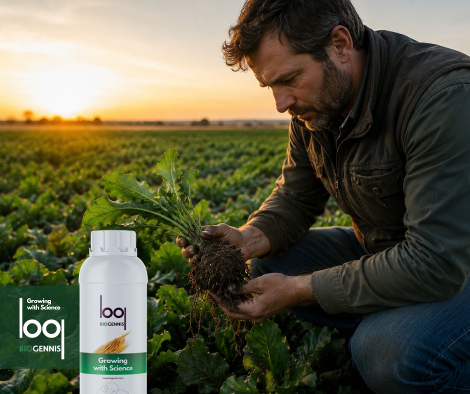 Agricultor revisando el estado de una planta para decidir la aplicación de productos biológicos en el cultivo