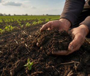 Agricultor examinando un suelo agrícola fértil para evaluar su impacto en la rentabilidad del cultivo